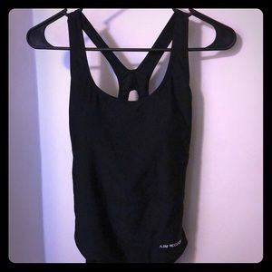 Black one piece bathing suit with built in bra